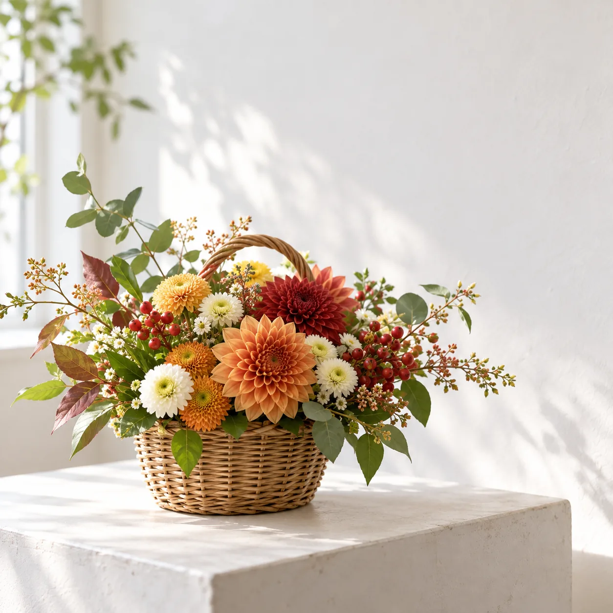 小さなかごにまとめた、季節の花のアレンジ