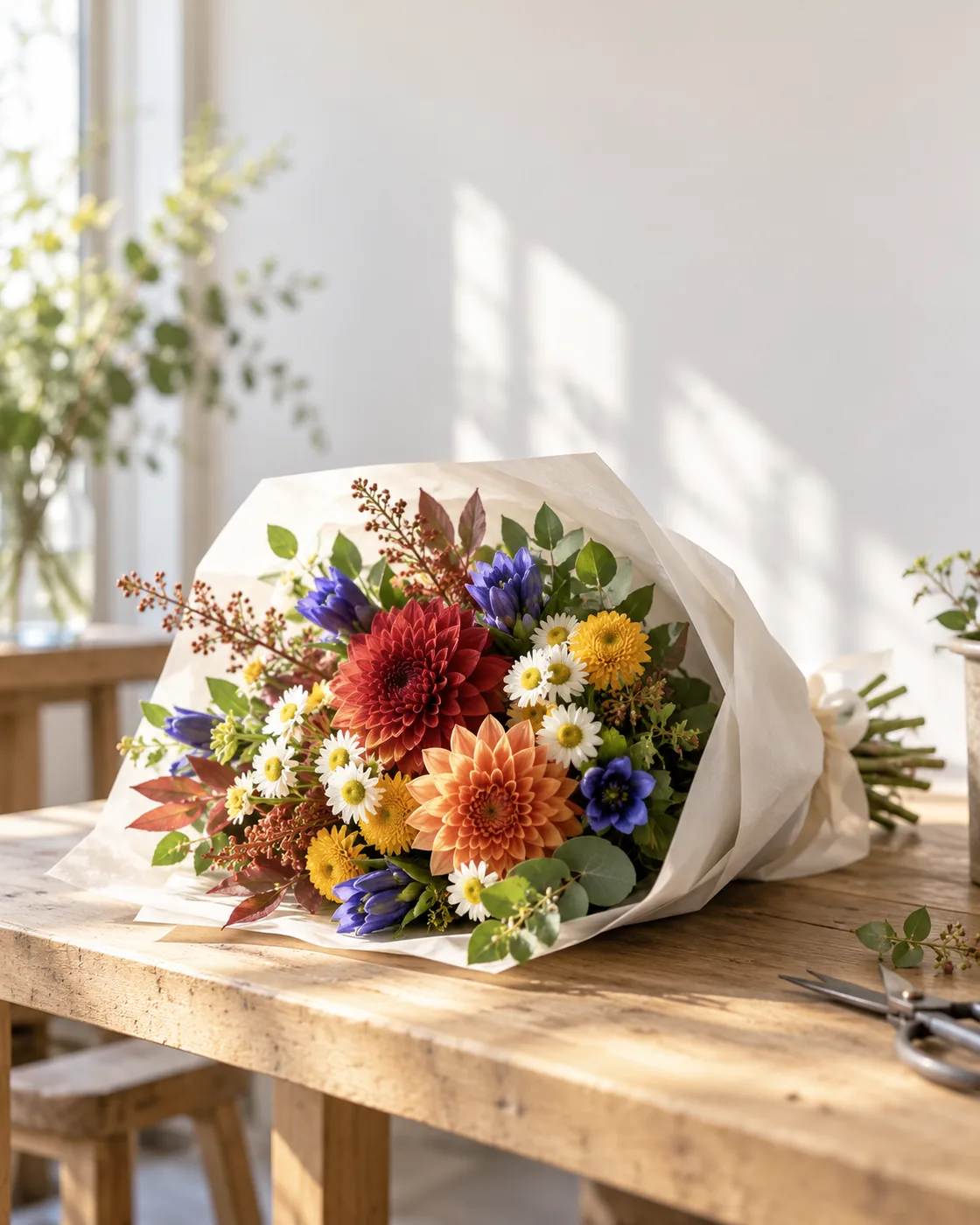 白い紙で包んだ季節の花の花束が、作業台の上に置かれている