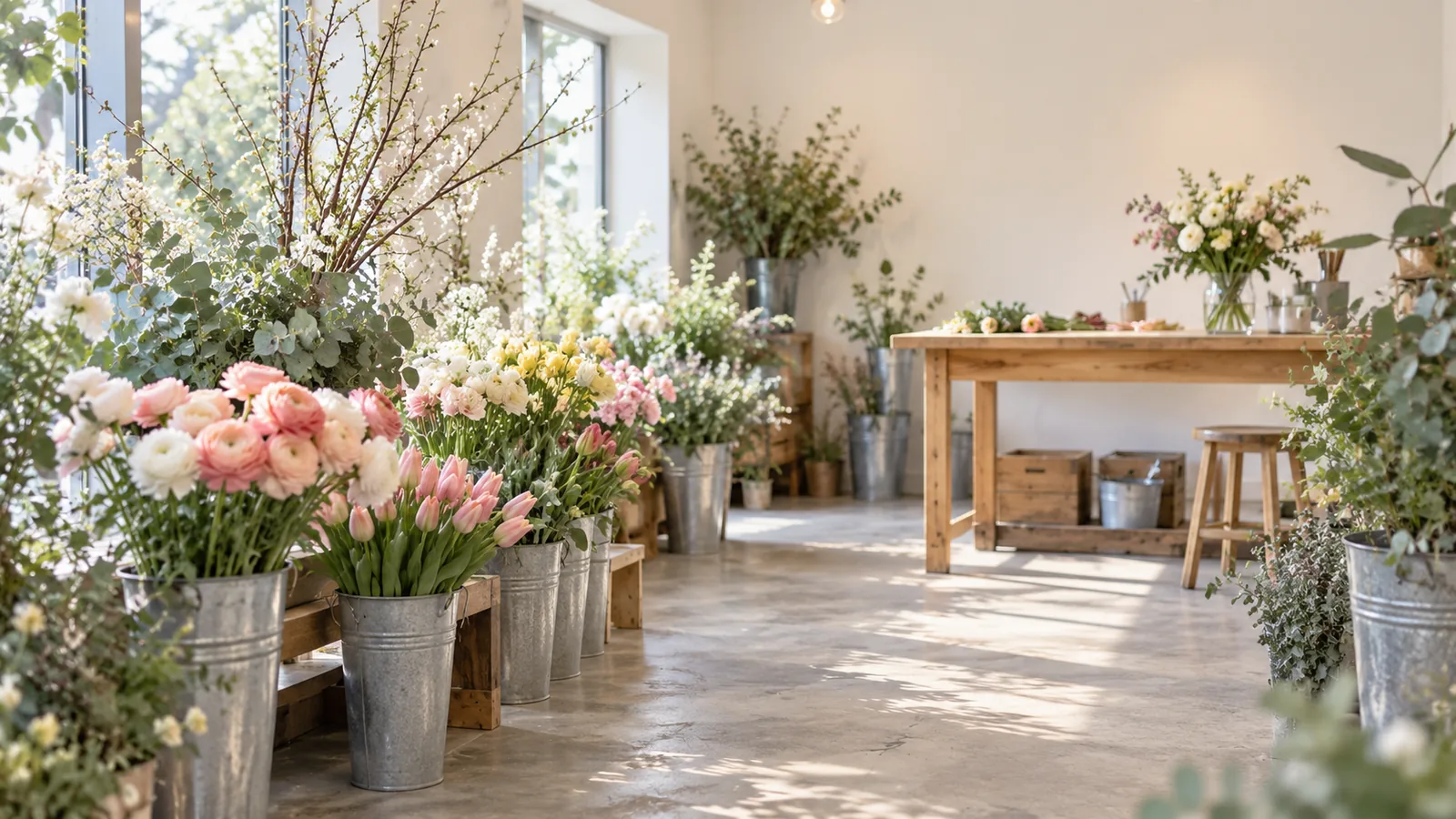 白い壁の小さな花屋の店内。バケツに入った季節の花が並んでいる