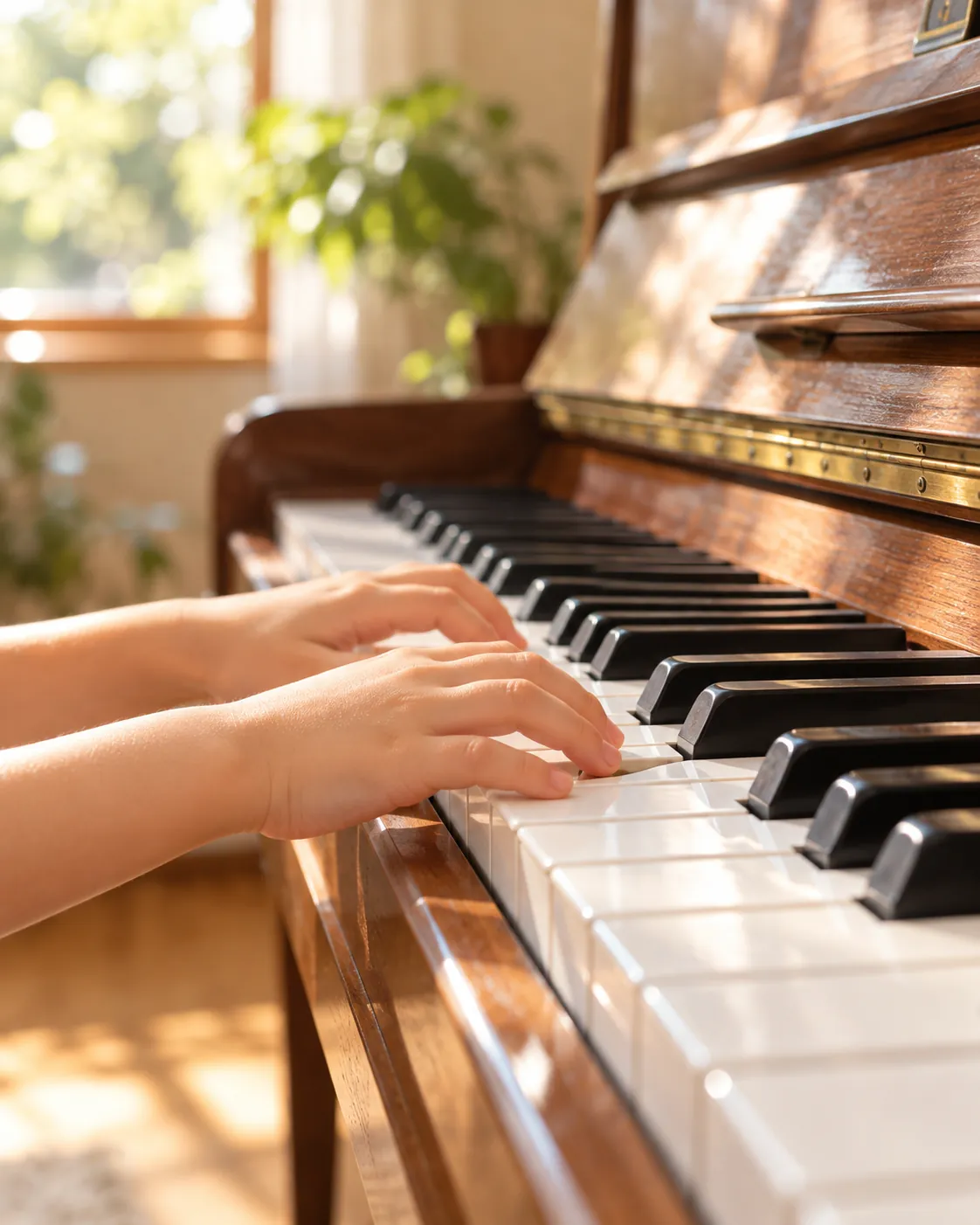ピアノの鍵盤に、子どもの手がそっとのっている