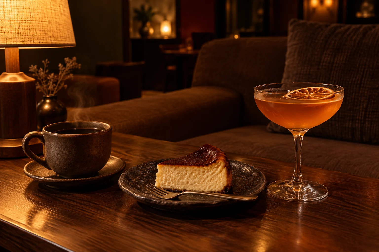 コーヒー・チーズケーキ・カクテルのAI生成イメージ